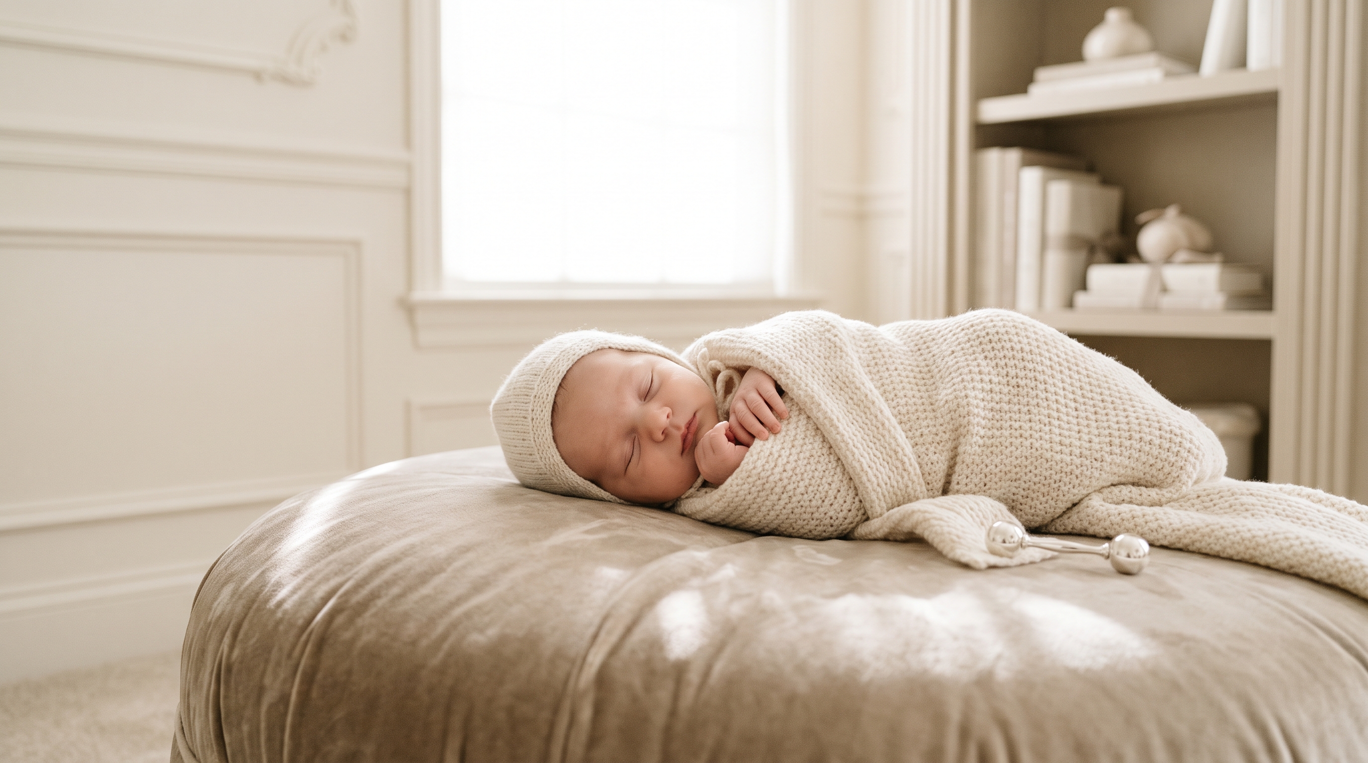 A newborn resting in a cream knit wrap